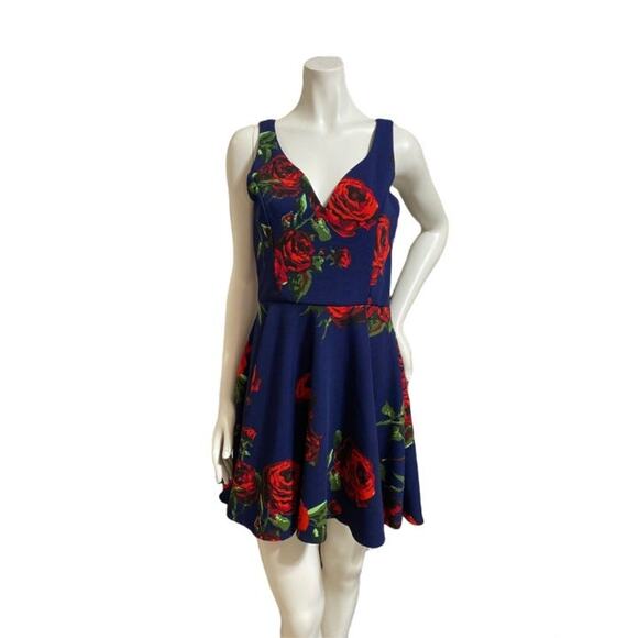Vertiche Deep V-Cut Blue Floral Sleeveless Mini Dress - Picture 1 of 3